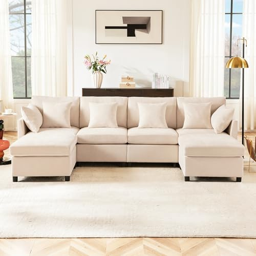 Soweiz Sofá moderno de chenilla con reposapiés extraíble, sofá de cuatro plazas, sofá de esquina en forma de L, sofá en forma de U, modular, adecuado para sala de estar, apartamento, etc, 278x161x81cm