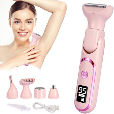 Bikini Trimmer for Women, 5 in 1 Rechargeable Electric Razors Waterproof Wet/Dry Use Body Hair Trimmer for Women & Men Pubic Hair, Private Area, Legs, Face, Nose, Eyebrow, Body (Pink)
