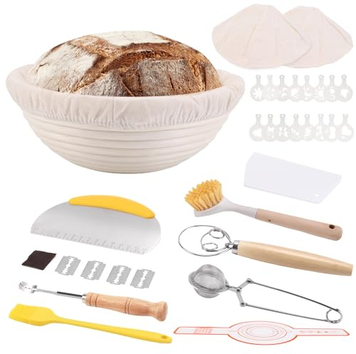 Cestino Lievitazione Pane Cestini Lievitare Cesto Tenuta Bread Proofing Basket Set Baskets Baking Fermentazione Preparazione in Casa Danese Impastare Rotondo 25cm Accessori con Taglierino per Pane