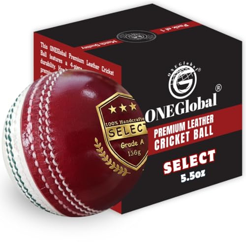 ONEGlobal Select - Pelota de críquet de cuero, 100% hecha a mano, construcción de 4 piezas, ideal para T20, práctica de red, entrenamiento, etc. Disponible en tamaños para personas mayores (5.5 onzas