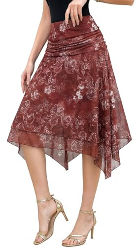 Genfien Falda de Mujer Malla Transparente Capas Forrada Bajo Irregular | Cintura Alta,Elástica,hasta la Rodilla,Elegante,Falda de Verano,Línea A