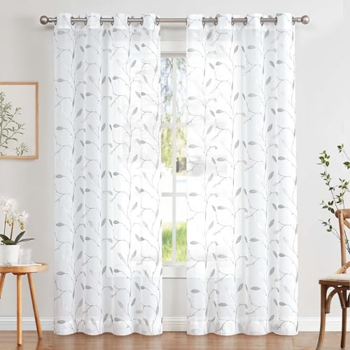 TOPICK Sheer Vorhang Voile Gardinen mit Ösen Blätter Stickerei lichtdurchlässig Ösenschal Gaze Paarig Ösenschals Blatt für Wohnzimmer Schlafzimmer Stores 2er Set Grau auf Weiß H245 x B140(cm)