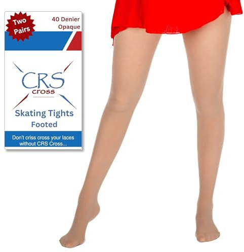 CRS Cross Skating Tights. 2 Pair of Footed Opaque Figure Skate Tights. Sheer 40 Denier Performance. Figure Skate Competitions, Ice Skating Practice, and Dance. (Children 8-10 Light Tan)