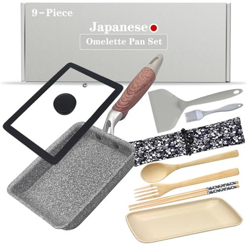 DXBVIEX Juego de 9 sartenes Tamagoyaki, sartén para tortilla japonesa antiadherente con tapa, sartén cuadrada para huevos japoneses rectangulares de 7 x 5 pulgadas, color gris