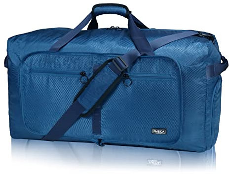 Fmeida 65L Foldable Travel Duffle Bag, Lightweight Waterproof Weekend Luggage with Shoes Compartment, Large Overnight Holdall Tote, Blue