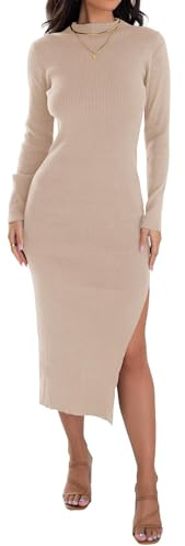 ZESICA Women's 2026 Ribbed Knit Dress Long Sleeve Mock Neck Slim Fit Side Slit Fall Elegant Sweater Dresses,Apricot,Medium