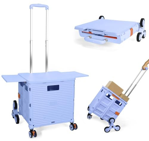 Carrito de Compras Plegable, Carro Portátil Plegable con Ruedas para Subir Escaleras, Cesta Compacta con Tapa Magnética, Carrito Rodante con Mango Telescópico, Ligero y Resistente hasta 80KG-Azul