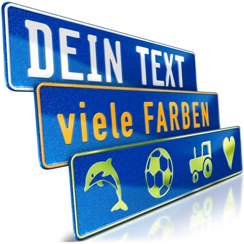 schildEVO 1 Fun-Schild geprägt | Blau Glitter mit Wunschtext bis zu 16 Zeichen | Aluminium Namensschild | Individuelles Fun-Kennzeichen | Bohrlöcher & Saugnäpfe