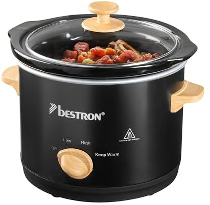 Bestron Slowcooker para 2 personas, Olla de Cocción Lenta con cacerola de cerámica y tapa de vidrio, termostato de 3 niveles, ideal para muchos platos como carne y sopas, 1.5 litros, Negro/Madera