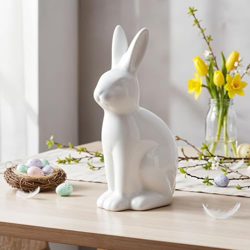levandeo Deko Hase H16cm Weiß Keramik Figur Ostern Aufsteller Tischdeko Osterdeko Osterhase Dekofigur