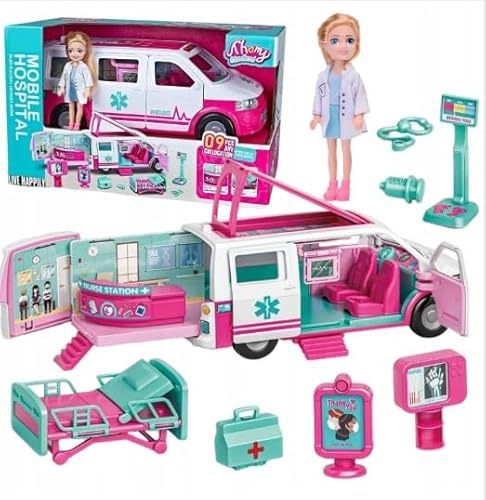 PNJB Doll Emergency Vehicle Transforms Into Care Clinic Playset Toy For Kids, Creativity, Compassion, Realistic Design, And Functional Wheels, Opportunities For Imaginative Play