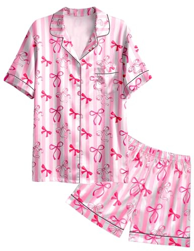 Nidoul Girls Pyjamas Satin Pyjamas Set Silk Pjs Short Sleeve Button Down Summer Bow Sleepwear for Big Kids 7-14Y