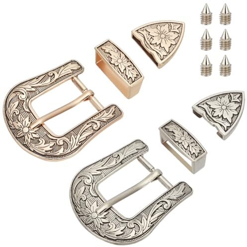 BENECREAT 2 Sets Antique Western Cowboy Buckle Set, 1 Wide Strap Floral Engraved Replacement Buckles for Men Women, Alloy Belt Buckle Set with Antique Golden & Platinum