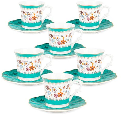 fanquare Flores Verdes Tazas de Té y Plato Juegos de 6 Bone China Vintage Espresso Taza de café con adornos de oro Elegante Tarde de Té Set de Porcelana Servicio de Té Regalos 80ml