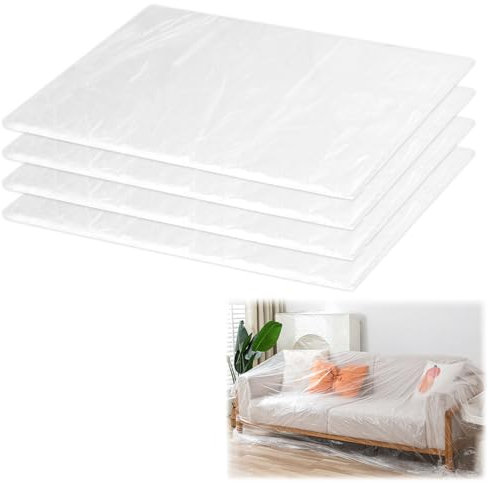 TOPCZY 4Pcs Large Plastic Dustproof Sheets, 4x5m Painters Masking Film Shields, 80m² Transparent Decorating Polythene Sheeting with 1.5m Tape Measure, Clear Dust Sheets for Furniture Cabinet Covering