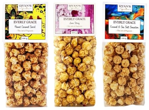 Everly Grace Popcorn Originals Bundle – Caramel & Sea Salt Sensation, Peanut Caramel Swirl, Love Story, sachets de 100 g de popcorn artisanal de notre manufacture à Augsbourg, Allemagne