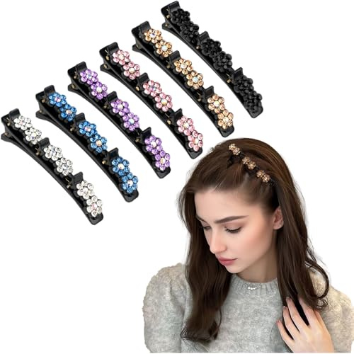SXQLYH Lot de 6 barrettes à cheveux tressées à double couche, en forme de fleur de cristal, avec 3 clips, pinces à cheveux pour femme avec strass élégants