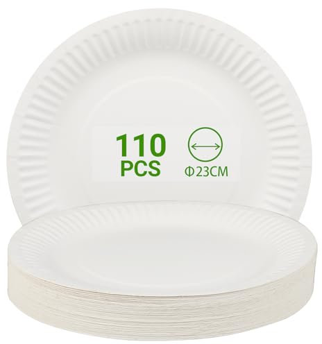 110 Platos Cartón Blancos de 23 cm – Platos Papel para Cumpleaños, Fiestas y Barbacoas – Platos Cumpleaños Resistentes y Elegantes, Para Eventos y Celebraciones.