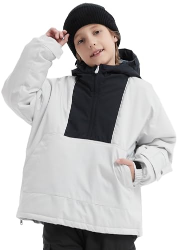 SNBOCON Kids Boys Girls Ski Snow Jacket Waterproof Windproof Warm Snowboarding Outwear Winter Half Zipper Hooded Coat(140cm,Grey White)