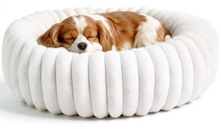 The Fellie Lit pour chien de taille moyenne en forme de beignet lavable en peluche douce - lit apaisant pour tous les animaux de compagnie - Auto-chauffant - Fond antidérapant - Orthopédique - Blanc