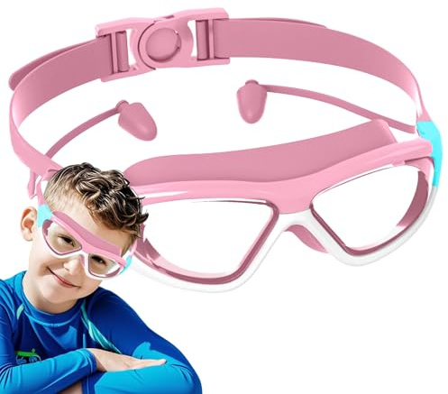 Kids Pool Goggles, Child Swimming Goggles with Earplugs, Large Frame UV-proof Non-slip Leak-proof Anti-fog Waterproof for 2-14 Years Old Youth Boy Girl Snorkeling Diving Indoor