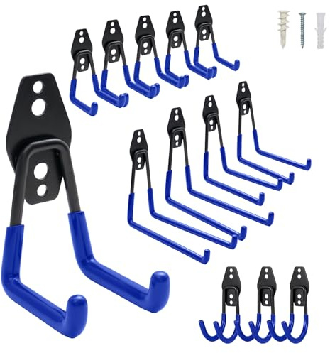 BREEZENEST Pack Heavy Duty Garage Hooks – Wall Mounted Utility Hangers for Tools, Ladders, Bikes, Garden Equipment – Strong Metal Hooks with Non-Slip Coating for Shed, Workshop, Garage Storage (Blue)