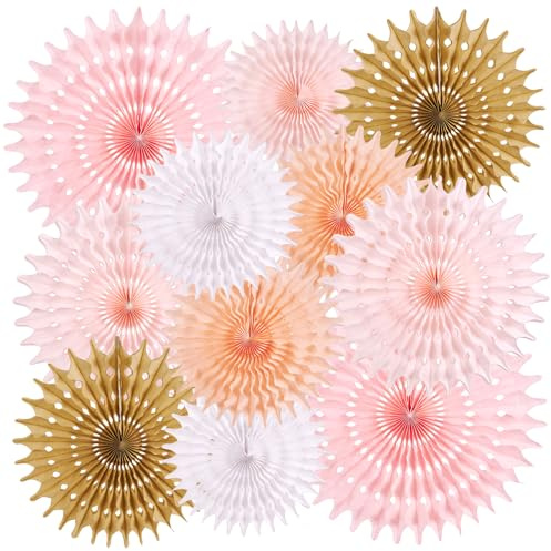 Lot de 11 éventails en papier - Rose doré pêche blanc - 40 cm - Décoration de fête de mariage