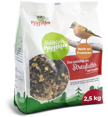 Natürlich Pfiffikus Streufutter mit Insekten, 2,5 KG – Wildvogelfutter mit Mehlwürmern – Ganzjahresfutter für Boden- & Körnerfresser – proteinreiches Vogelfutter mit Mehlwurm-Öl