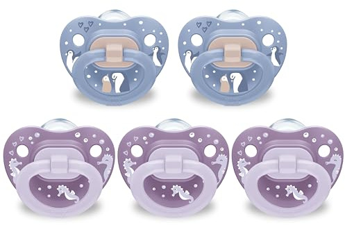 NUK First Choice Classic Orthodontic Baby Pacifier, 6-18 Months Baby Pacifier, Purple & Blue, Baby Must Haves, 5-Pack