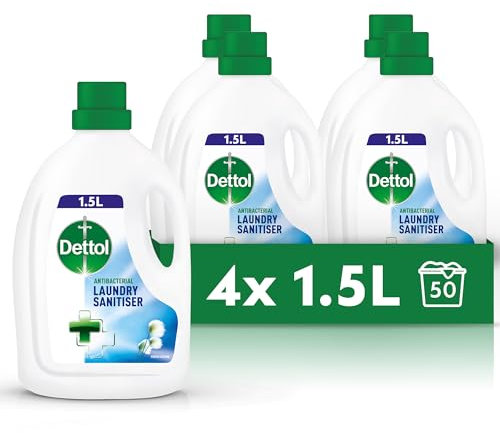Dettol Laundry Sanitiser, Antibacterial, Fresh Cotton, 6L Total (1.5L x 4pck) 12hr Freshness, Removes Odour, Prevents colour fading, Kills 99.9 Percent of Bacteria