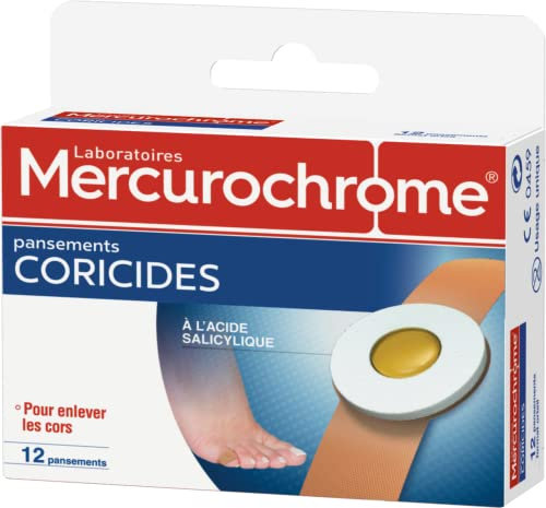 MERCUROCHROME - Pansements Coricides A l'acide salycilique - Boite de 12 pansements - Favorise l'élimination des Cors - Protège contre la Pression Douloureuse due aux Cors