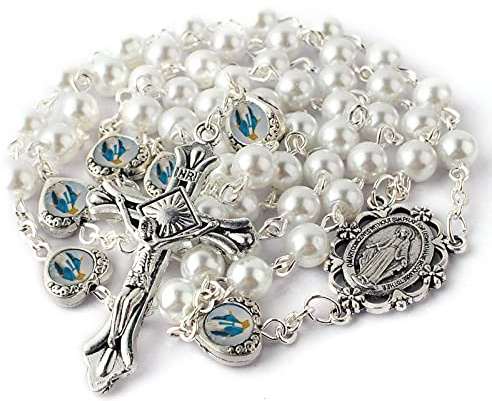 HanlinCC Glass Pearl Beads with Miraculous Epoxy Heart Metal Beads Rosary Necklace pack in Velvet Gift Bag with Rosary Pray Card (White)