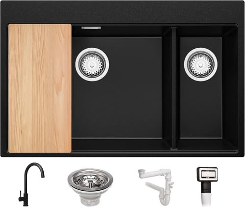 Fregadero Granito Negro 78x50cm, Fregadero Cocina 1,5 Senos + Sifón + Grifo + Tabla de cortar, Fregadero sobre encimera al mueble 80cm - Oslo Top Duo de Primagran