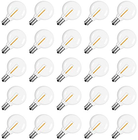 Meconard Lampadina di ricambio a LED G40, attacco a vite E12, infrangibile, per luci esterne, 1 Watt equivalente a 5 Watt, luce bianca calda, 25 pezzi