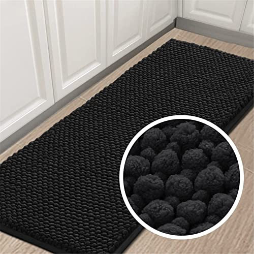 LINGKY Badematte rutschfest 50x150 cm Chenille Badezimmerteppich Saugfähige Badteppich Waschbar Badvorleger Bad Teppich Badezimmer Duschvorleger Badematte Schwarz