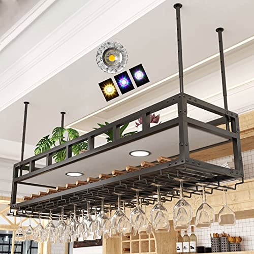2 piani Porta Bottiglie da Vino Soffitto Con Neon Led Ferro metallico Portabicchieri Sospeso in Metallo Decorazione Vintage Display Supporto per la conservazione del vino per Famiglia, Ristorante