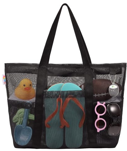 Tagitary Mesh Beach Bag with Zipper, Black Large Beach Tote Waterproof Sandproof with 8 Pockets for Kids Toys Storage Swim Pool Accessories for Vacation Sports Camping Picnic Travel Bag
