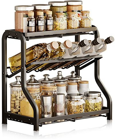 Aresvrgo Gewürzregal Stehend Schwarz, 3 Entagen Gewürzständer GroßEs Fassungsvermögen,Multifunktional Gewürzregale für die KüChe für Arbeitsplatte Aufbewahrung GewüRze,GläSer,öLflaschen