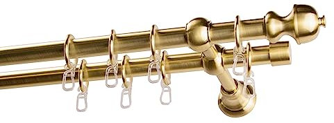 Garesa Gardinenstange Andrea Ø 20mm, 2-läufig, Messing, matt I Stabile Vorhangstange inkl. Ringe + Faltenlegehaken I Mit Endknopf Profil klein I 160cm