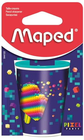 Maped - Temperamatite Pixel Party - Taglio facile e preciso - Lattina in metallo ultra resistente - Serbatoio di grandi dimensioni - Dimensione matita a 2 fori