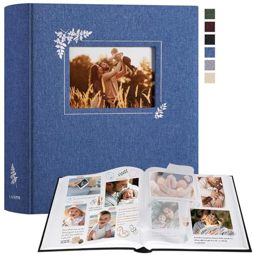 Lanpn Album Fotografico Scrapbooking, Grande Lino Design della finestra DIY Scrapbook 100 pagine bianche con divisori di cellofan per foto 9x13 cm 10x15 cm 13x18 cm (30x33,5cm, Blu)