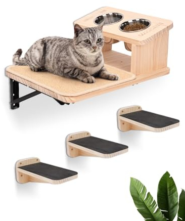 Turosur 7 in 1 Cat Steps with Perchs,Dogproof Catty Feeding Bowls Station Wall-Mounted Cat Shelves Climber,Cats Hammock for Wall Furniture Set, Scratching Post