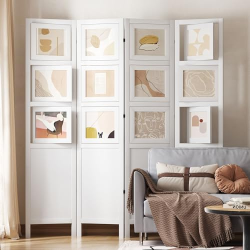 4 Panel Photo Room Divider Freestanding Folding Privacy Screen and Decorative with 16 Frames for Home Office (White)