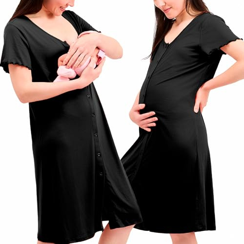 Womum Chemise de Nuit Allaitement avec des Boutons, Chemise de Nuit Maternité, 3 en 1 Allaitement, Hôpital et Grossesse, Confort Maximal, Pyjama Allaitement Maternité (XXL, Noir)