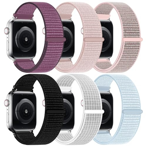 6-pack nylon sportloop band kompatibelt med Apple Watch Band 38 mm 40 mm 41 mm 42 mm 44 mm 45 mm 46 mm 49 mm kvinnor män, mjuka justerbara ersättningsremmar för iWatch serie 10 9 8 7 6 5 4 3 2 1 SE