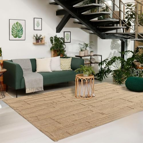 TT Home In-& Outdoor Teppich Wetterfest Balkon Küche Wohnzimmerteppich Boho Hoch-Tief-Effekt Abstraktes Motiv Moderner Style, Farbe:Dunkelbeige, Größe:240x340 cm