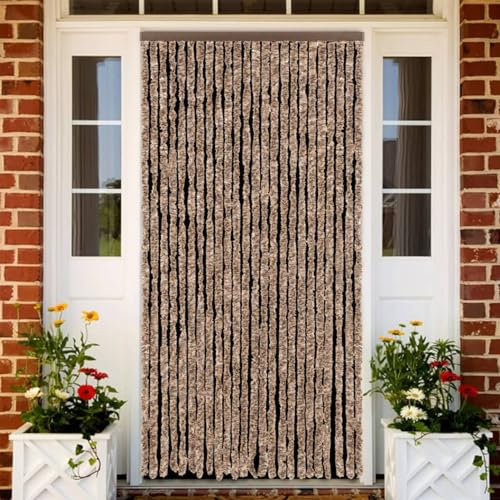 Cinyiqo 377324 Fly Curtain Beige and Dark Brown 100x230 cm Chenille Curtains Door Fly Screen Curtain For Doorways Window Decorations Room Divider