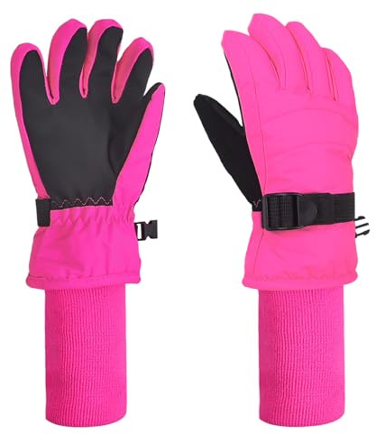 XTACER Boy's Girl's Kid's Ski Snow Gloves Snowboard Winter Warm Cold Weather Gloves for Boys Girls Children (Hot Pink-Long Cuff, 4-6 Years)