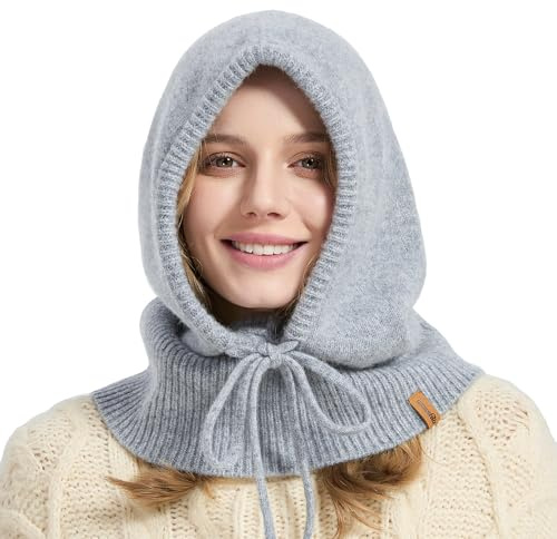 ACUSHLA 100% Merino Wool Balaclava for Women & Men Winter Warm Knit Hooded Scarf Hoodie Hat and Scarf Set in One, Light Grey