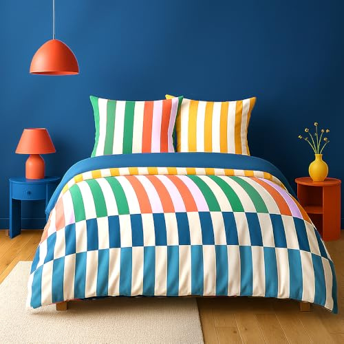 CÔTE DECO Parure da letto matrimoniale 3 pezzi, 100% cotone, copripiumino 240 x 220 cm e 2 federe 65 x 65 cm, multicolore a righe